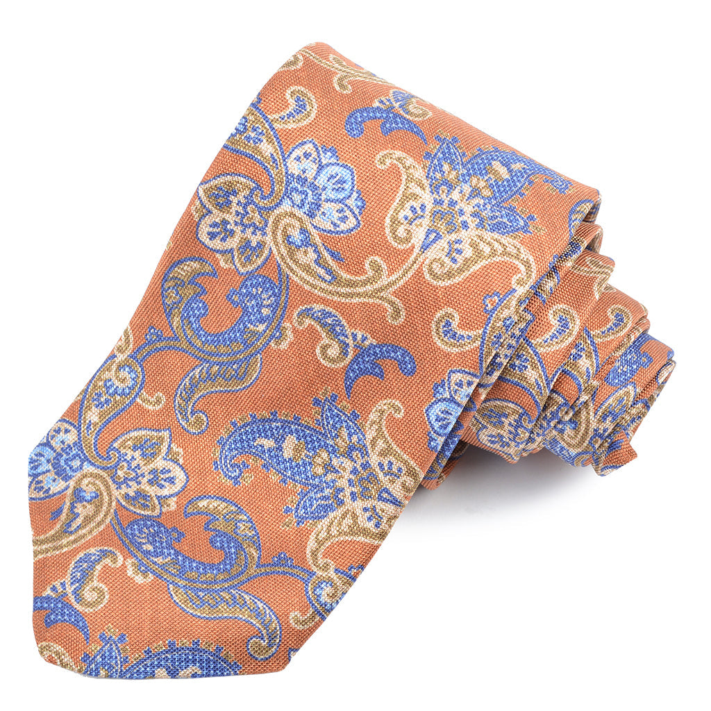 Cognac, French Blue, and Beige Tulip Teardrop Paisley Italian Silk Printed Panama Tie by Dion Neckwear