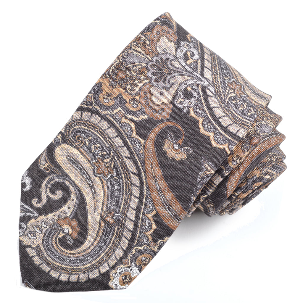 Black, Mocha, and Sand Blooming Floral Paisley Italian Silk Printed Panama Tie by Dion Neckwear