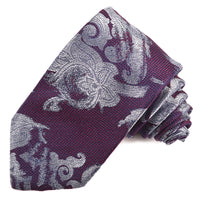 Eggplant, Navy, and Grey Paisley Woven Silk Jacquard Tie by Dion Neckwear