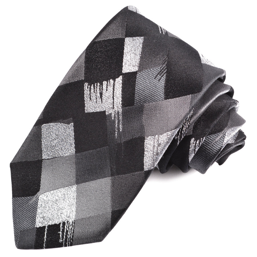 Black, Charcoal, and Silver Abstract Harlequin Woven Silk Jacquard Tie by Dion Neckwear