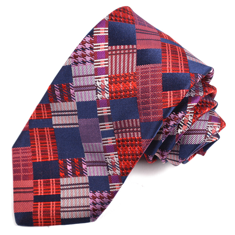 Navy, Red, and Purple Patchwork Block Woven Silk Jacquard Tie by Dion Neckwear