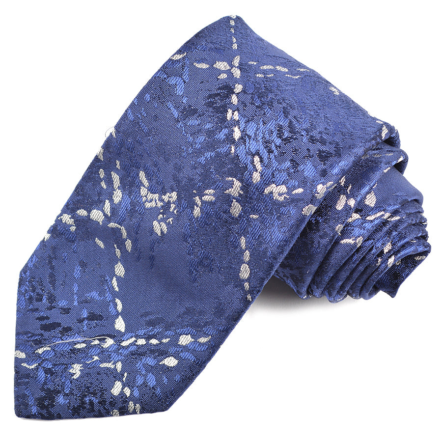 Navy, French Blue, and Silver Abstract Plaid Woven Silk Jacquard Tie by Dion Neckwear