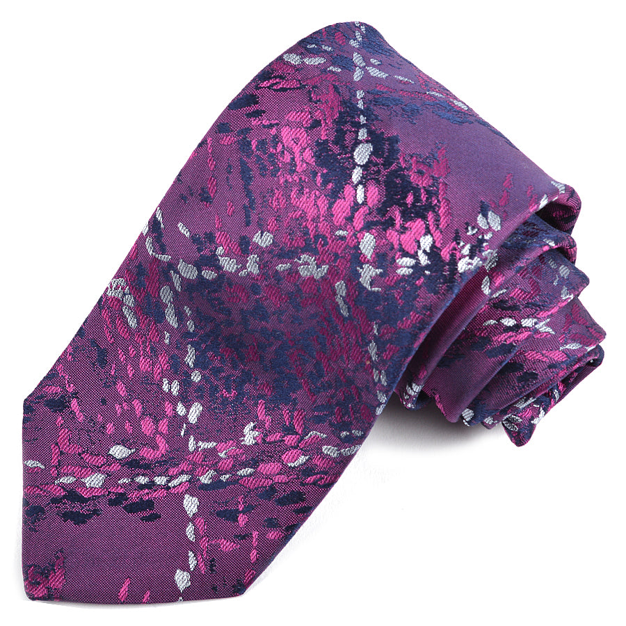 Berry, Navy, and Silver Abstract Plaid Woven Silk Jacquard Tie by Dion Neckwear