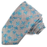 Black, Silver, and Teal Floral Houndstooth Plaid Woven Silk Jacquard Tie by Dion Neckwear