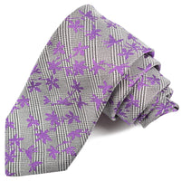 Black, Silver, and Purple Floral Houndstooth Plaid Woven Silk Jacquard Tie by Dion Neckwear
