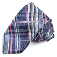 Denim, Pink, and Lilac Large Thick Plaid Silk Jacquard Tie by Dion Neckwear