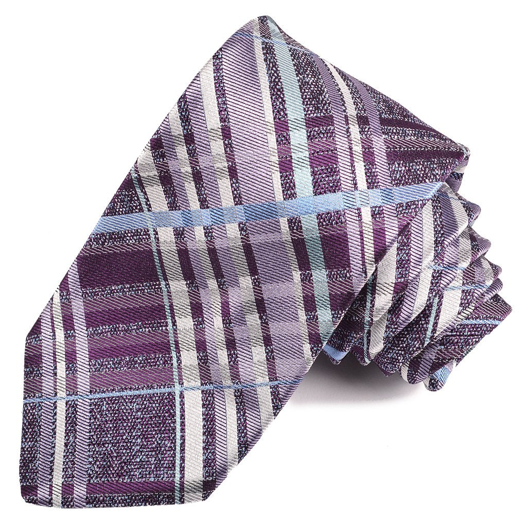 Purple, Lilac, and Sky Large Thick Plaid Silk Jacquard Tie by Dion Neckwear