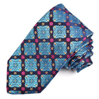 Teal, Navy, and Berry Floral Diamond Medallion Silk Woven Jacquard Tie by Dion Neckwear