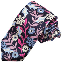 Navy, Pink, and Rose Floral Faille Woven Silk Tie by Dion Neckwear