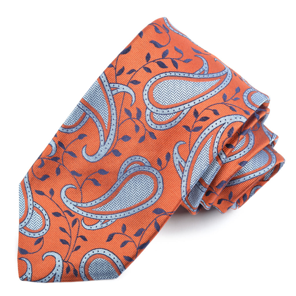 Pumpkin, Sky. and Navy Vine Floral Teardrop Paisley Woven Silk Jacquard Tie by Dion Neckwear