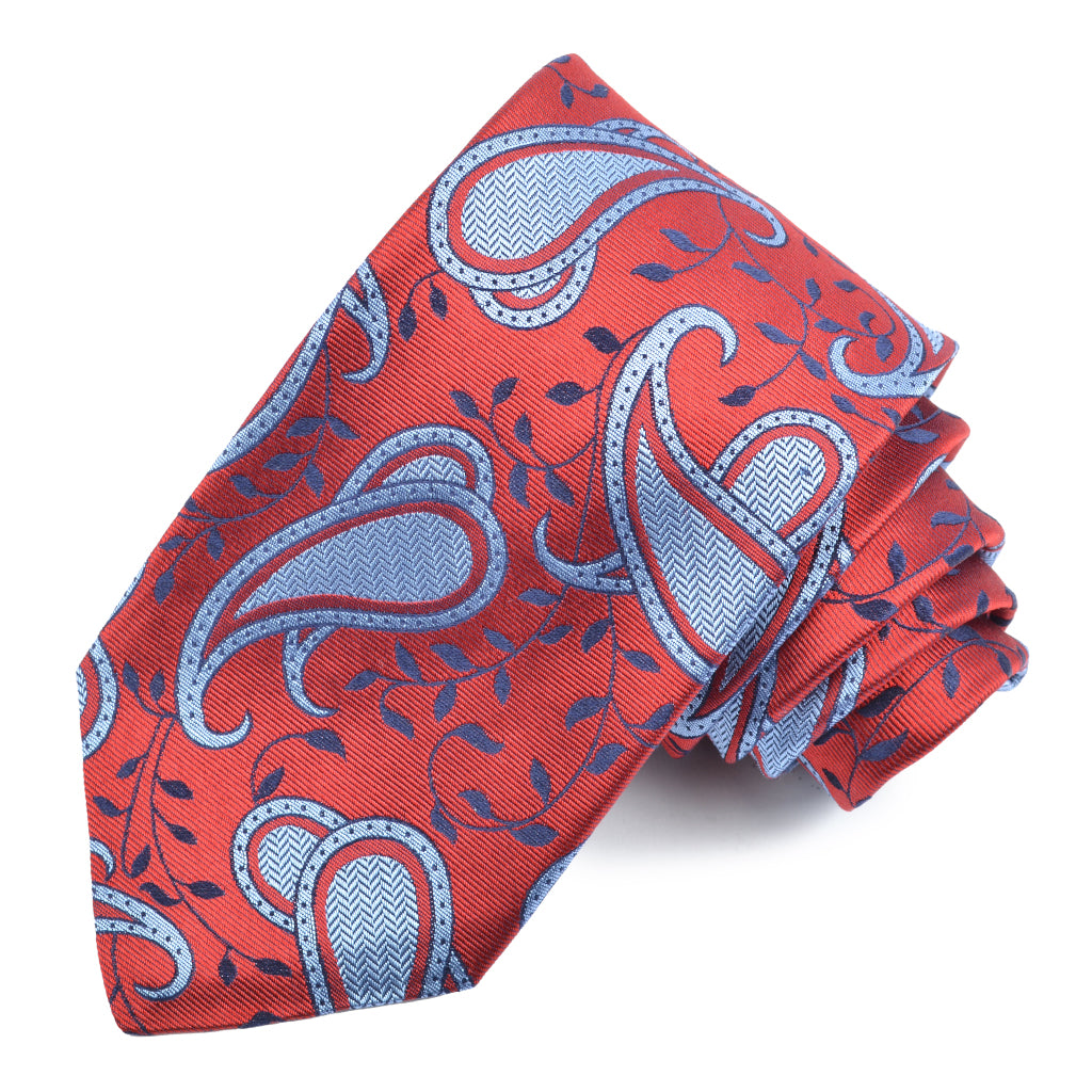 Red, Sky, and Navy Vine Floral Teardrop Paisley Woven Silk Jacquard Tie by Dion Neckwear