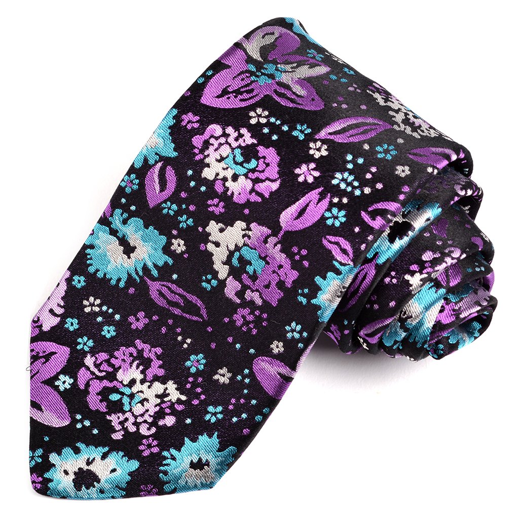 Black, Purple, and Teal Abstract Floral Silk Woven Jacquard Tie by Dion Neckwear