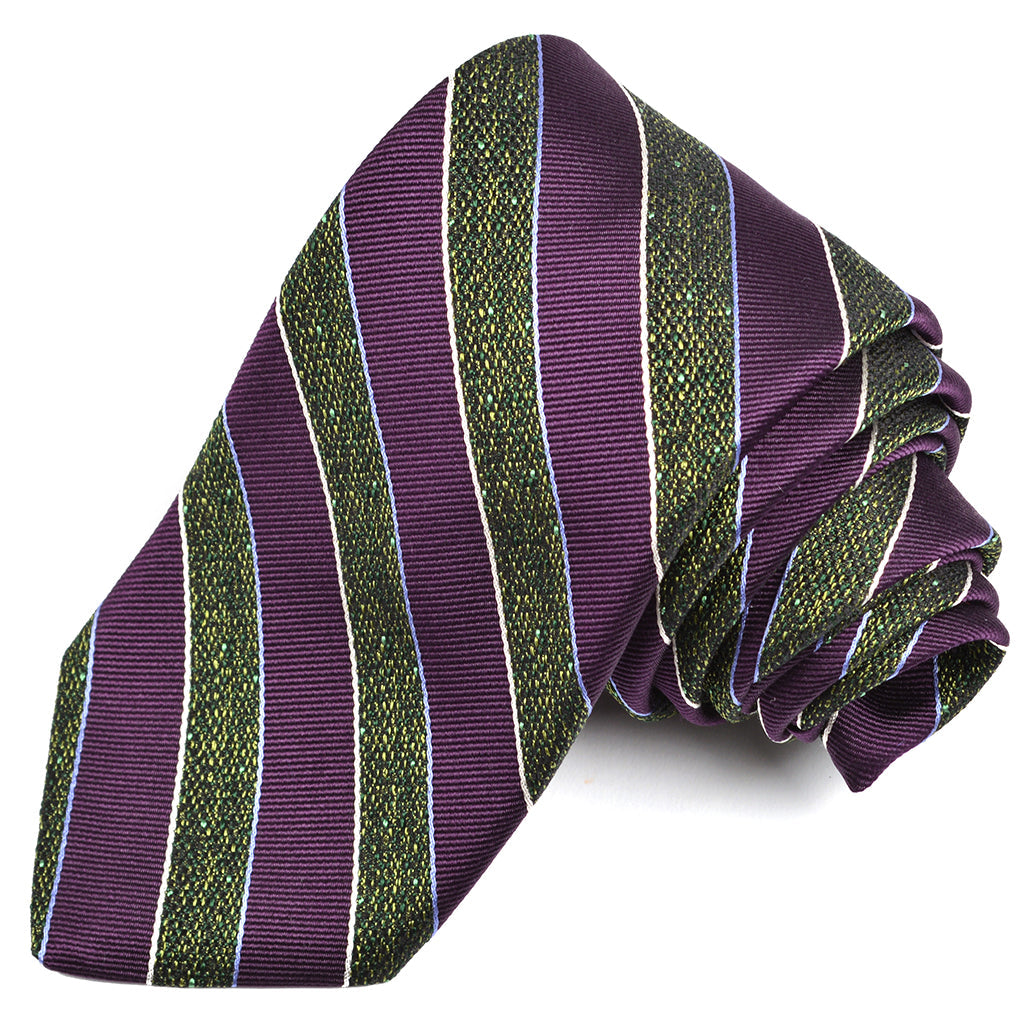 Plum, Green, and Sky Mélange Bar Stripe Woven Jacquard Silk Tie by Dion Neckwear