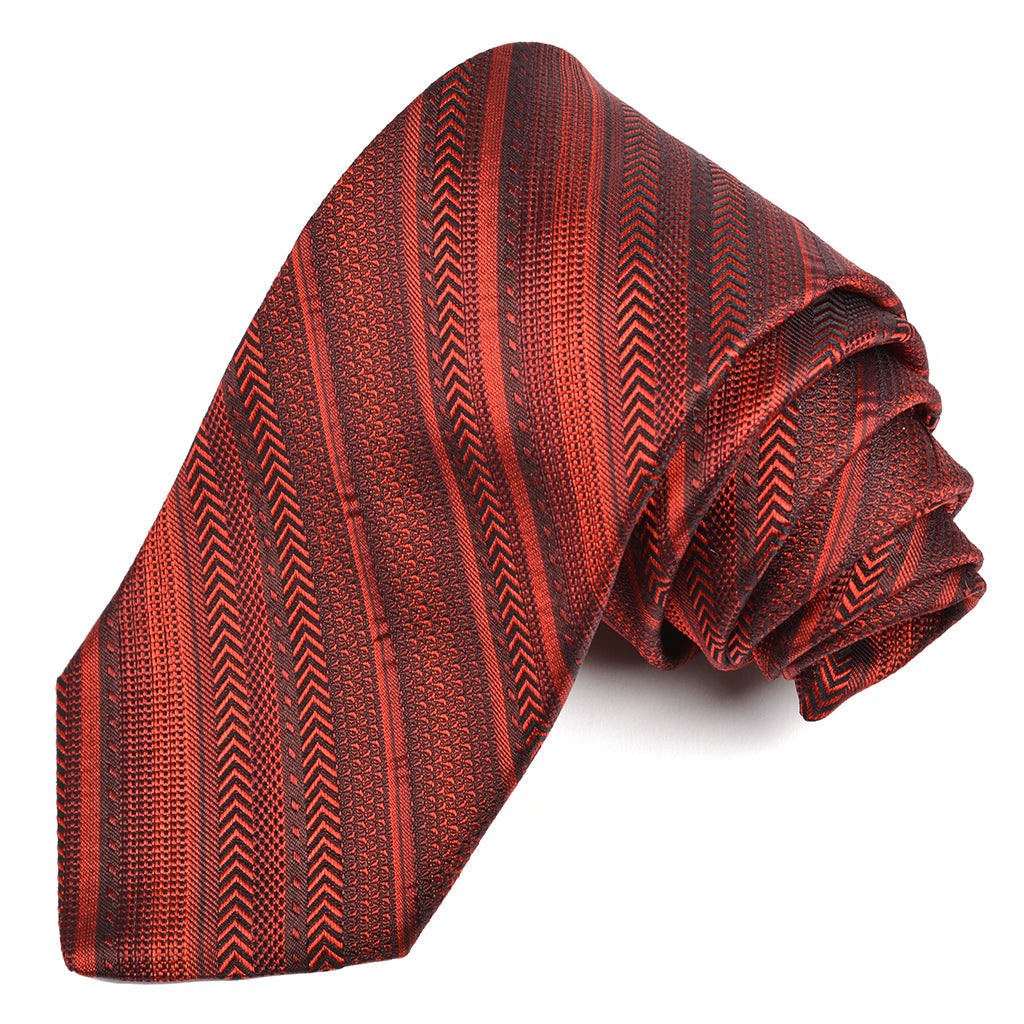 Burgundy, Red, and Wine Multi Textured Stripe Woven Jacquard Silk Tie by Dion Neckwear