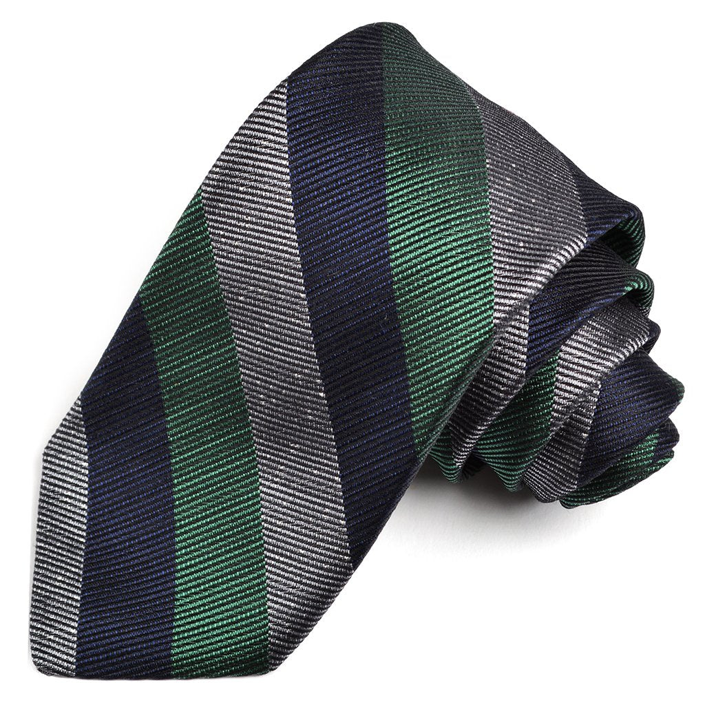 Navy, Green, and Silver Faille Stripe Silk Woven Jacquard Tie by Dion Neckwear