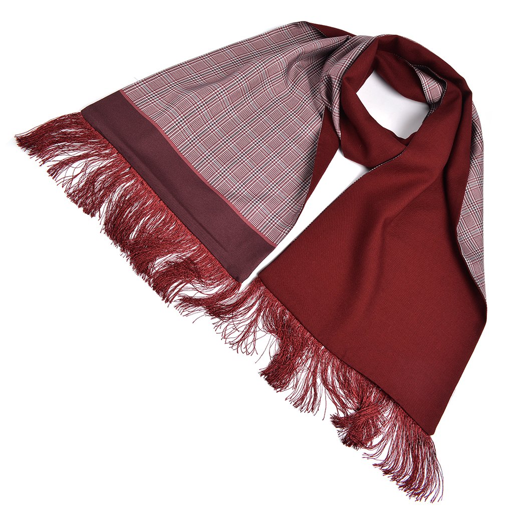 Italian Silk Reversible Scarf - Solid to Prince of Wales Check in Burgundy and Charcoal by Dion