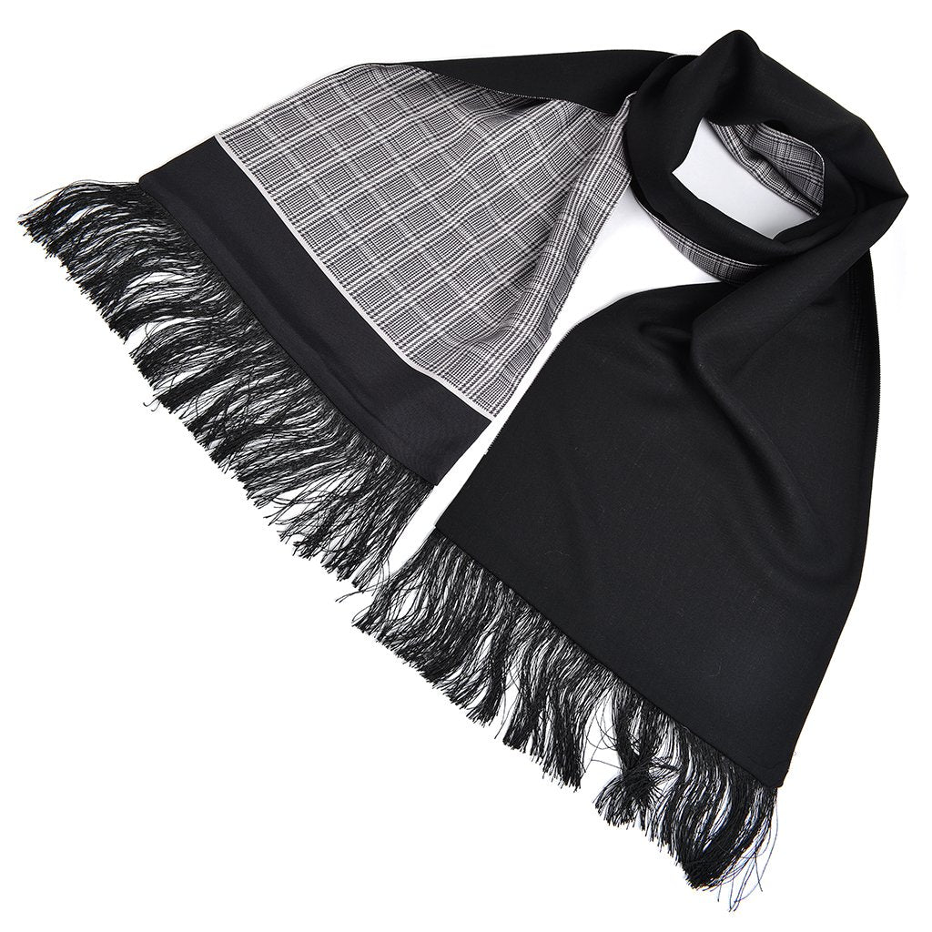 Italian Silk Reversible Scarf - Solid to Prince of Wales Check in Black and Grey by Dion