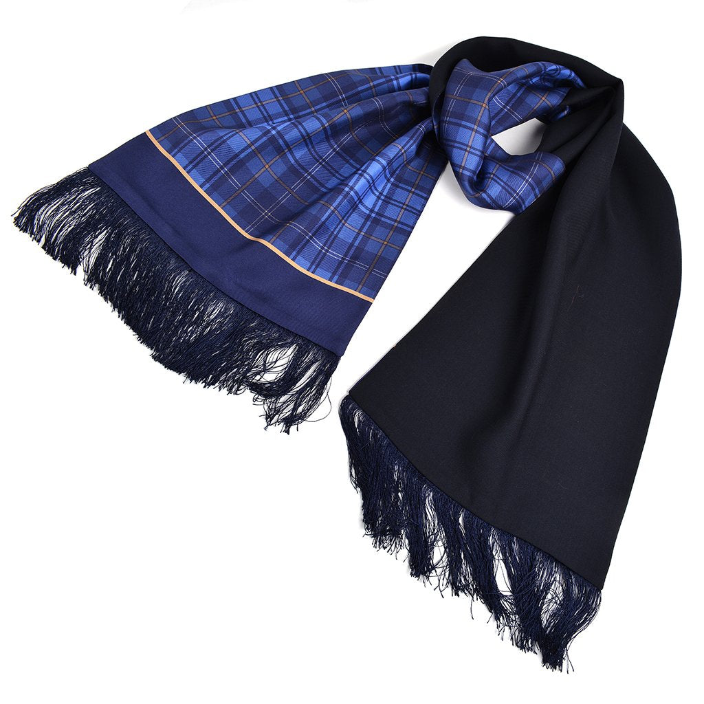 Italian Silk Reversible Scarf - Solid to Plaid in Navy and Tan by Dion