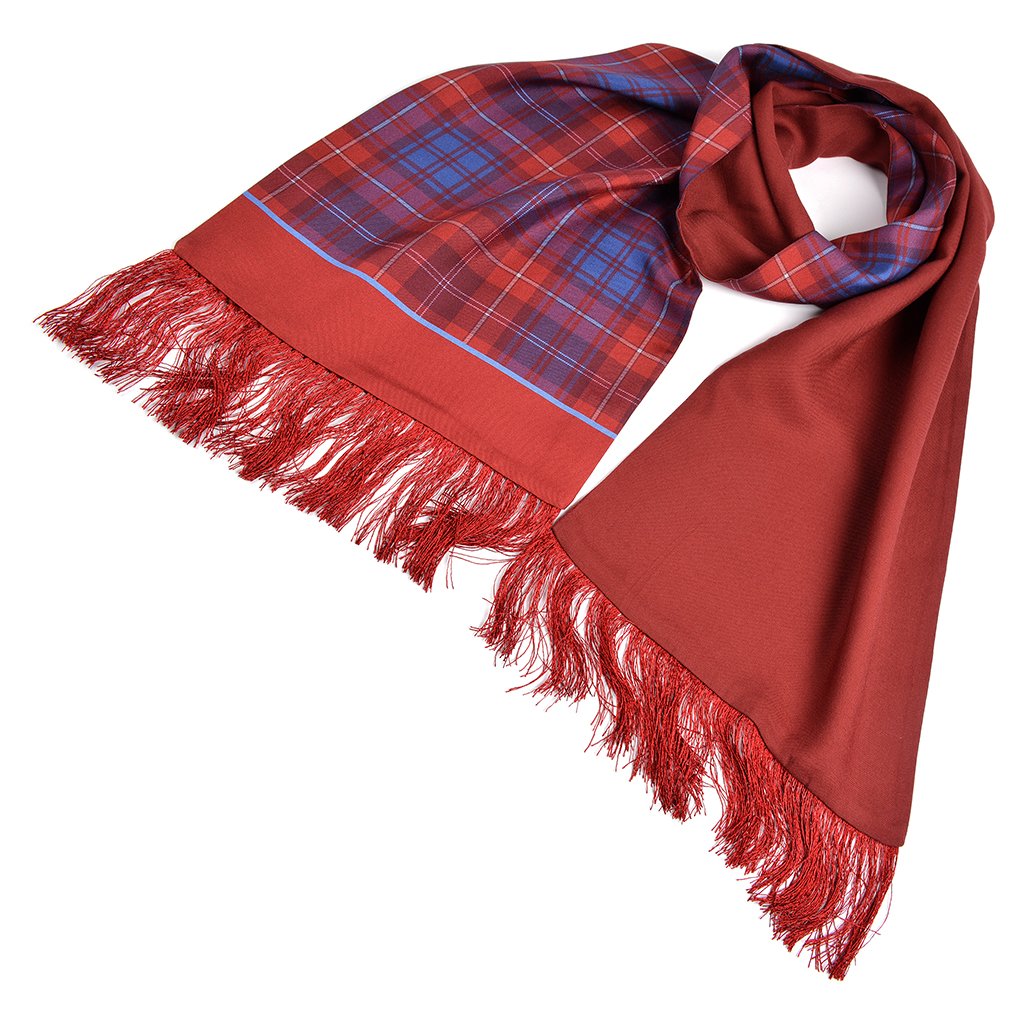 Italian Silk Reversible Scarf - Solid to Plaid in Wine and French Blue by Dion
