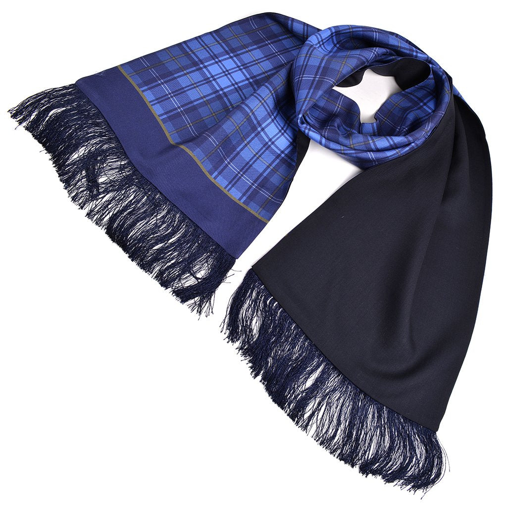 Italian Silk Reversible Scarf - Solid to Plaid in Navy, Hunter, and French Blue by Dion