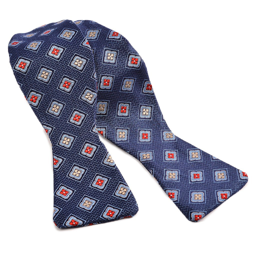 Textured Medallion Silk Jacquard Bow Tie in Navy, Grey, and Red by Dion Neckwear
