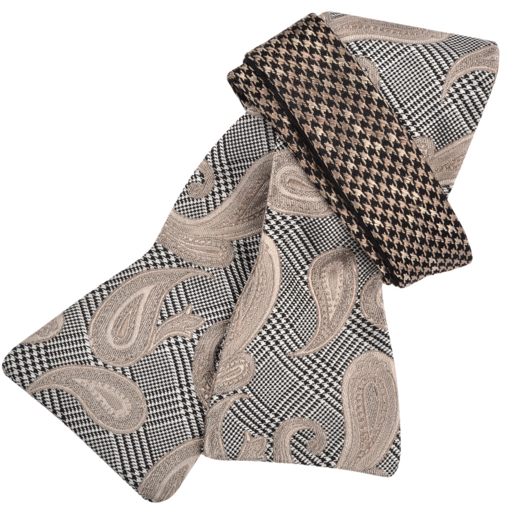 Paisley and Glencheck Silk Jacquard Bow Tie in Taupe, Black, and Latte by Dion Neckwear