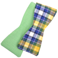 Tartan and Solid Reversible Cotton Bow Tie in Green, Royal Blue, and Yellow by Dion Neckwear