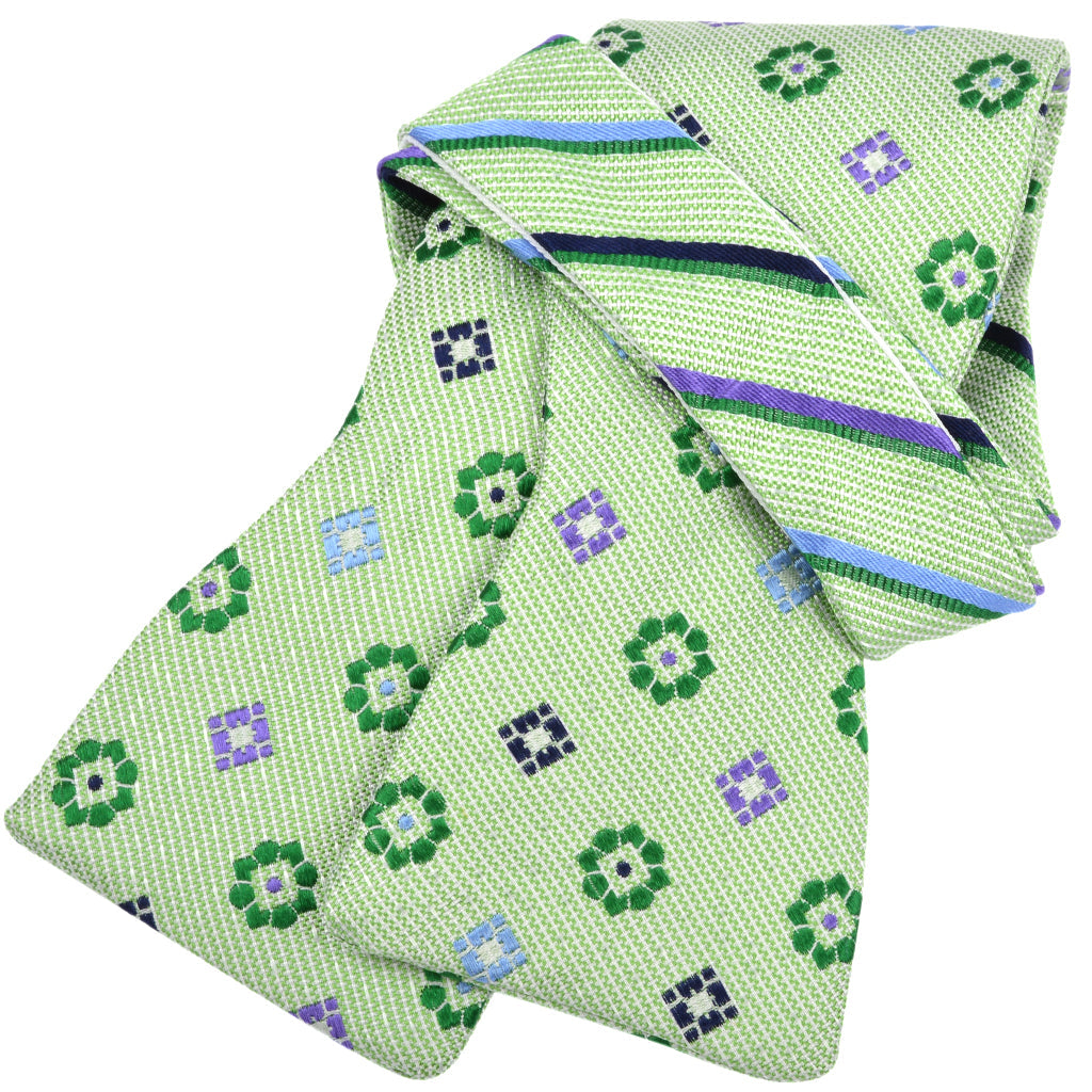 Medallion and Stripe Silk Jacquard Bow Tie in Green, Purple, and Sky by Dion Neckwear