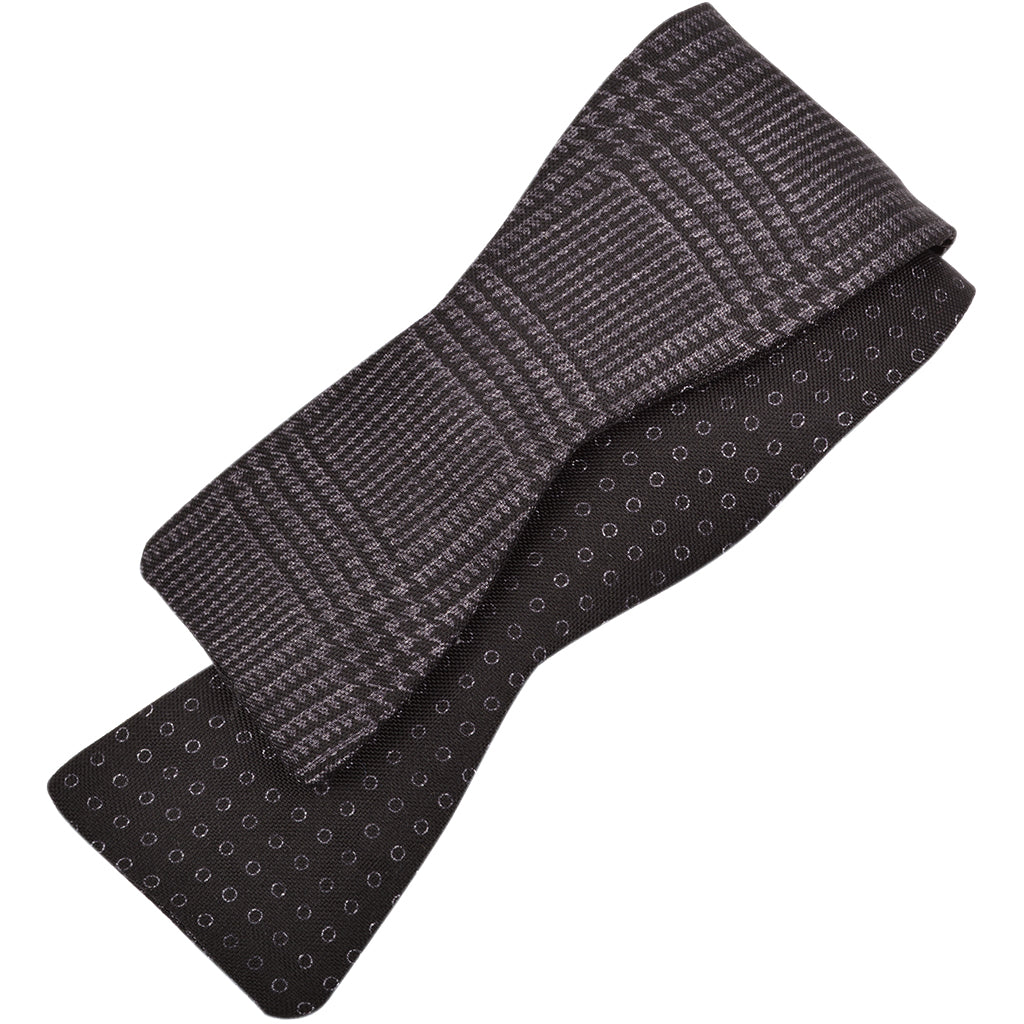 Glencheck and Dot Reversible Silk Panama Bow Tie in Black and Graphite by Dion Neckwear
