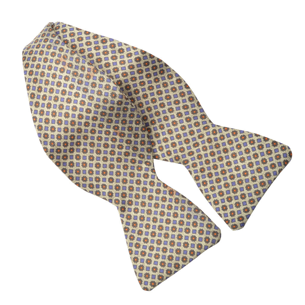 Sage, Periwinkle, and Melon Micro Neat Silk Printed Panama Bow Tie by Dion Neckwear