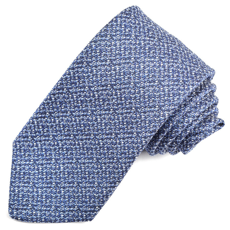 Navy, Sky, and White Woven Silk, Linen, and Cotton Jacquard Tie by Dion Neckwear