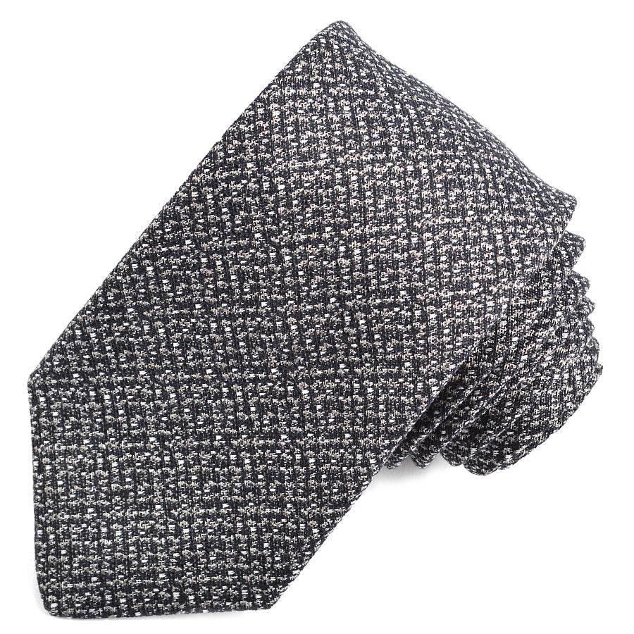 Black, Grey, and White Woven Silk, Linen, and Cotton Jacquard Tie by Dion Neckwear