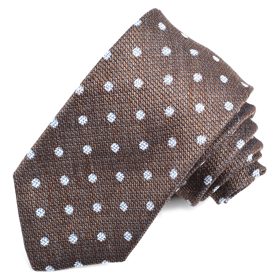 Mocha, Sky, and White Neat Dot Woven Silk, Linen, and Cotton Jacquard Tie by Dion Neckwear