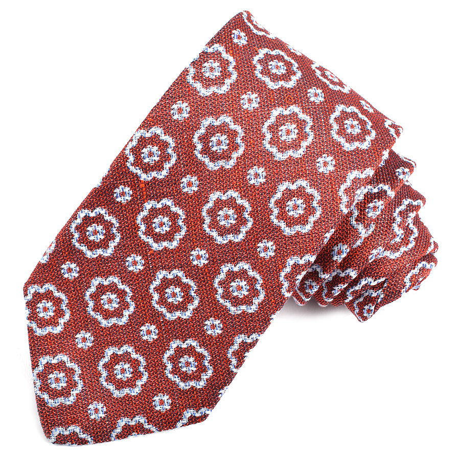 Red, Sky, and White Floral Medallion Woven Silk, Linen, and Cotton Jacquard Tie by Dion Neckwear