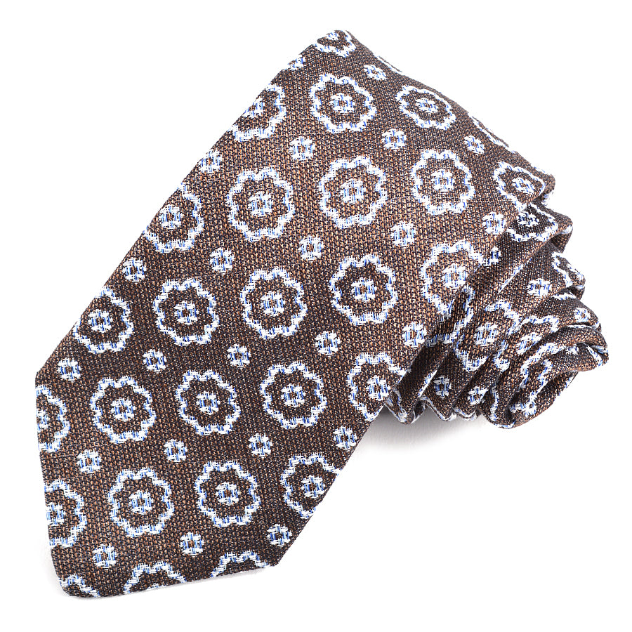 Mocha, Sky, and White Floral Medallion Woven Silk, Linen, and Cotton Jacquard Tie by Dion Neckwear