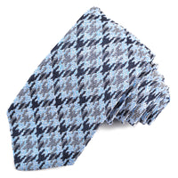 Navy, Sky, and Silver Houndstooth Plaid Silk, Linen, and Cotton Jacquard Tie by Dion Neckwear
