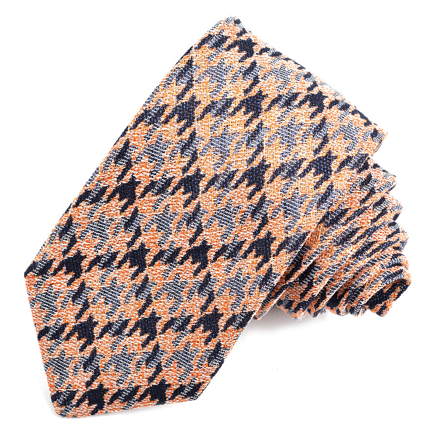 Navy, Orange, and Silver Houndstooth Plaid Silk, Linen, and Cotton Jacquard Tie by Dion Neckwear