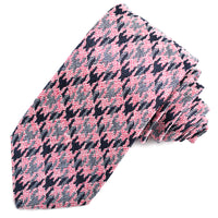 Navy, Pink, and Silver Houndstooth Plaid Silk, Linen, and Cotton Jacquard Tie by Dion Neckwear