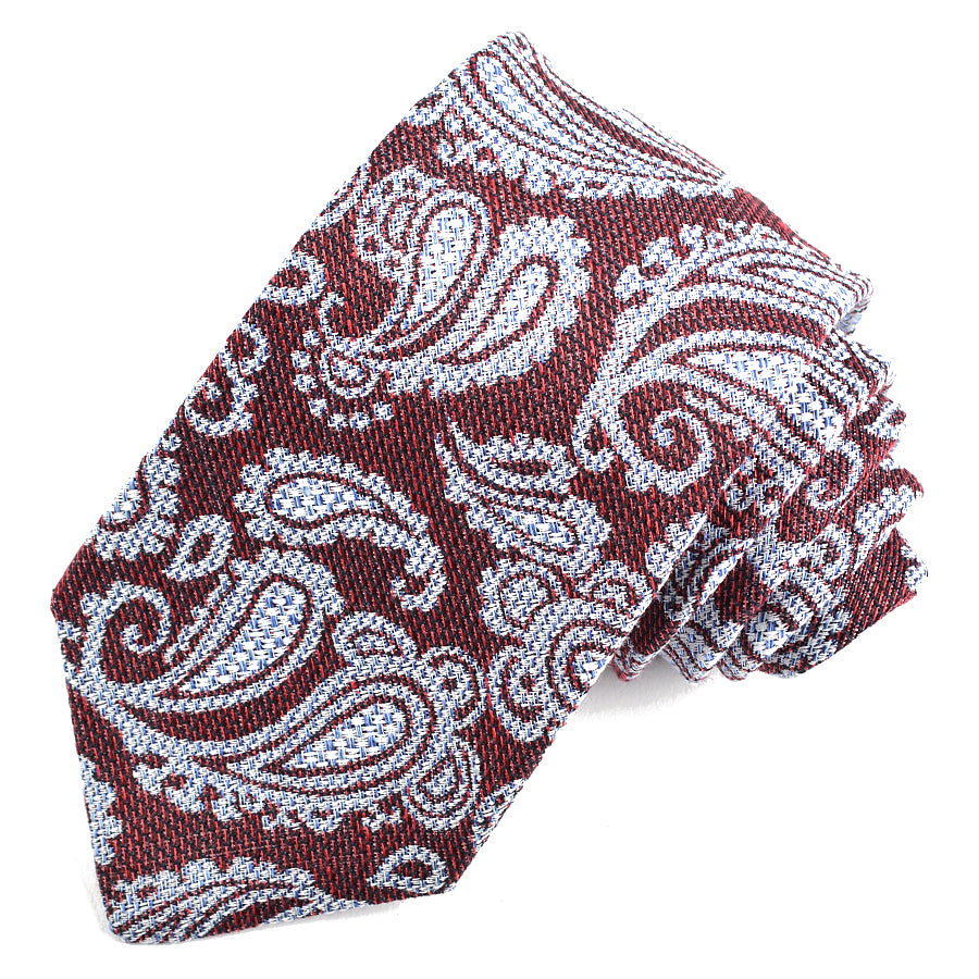 Wine and Sky Paisley Silk, Linen, and Cotton Jacquard Tie by Dion Neckwear
