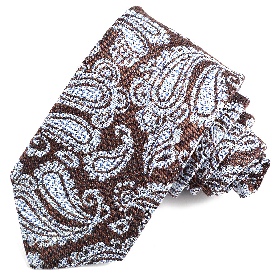 Mocha and Sky Paisley Silk, Linen, and Cotton Jacquard Tie by Dion Neckwear