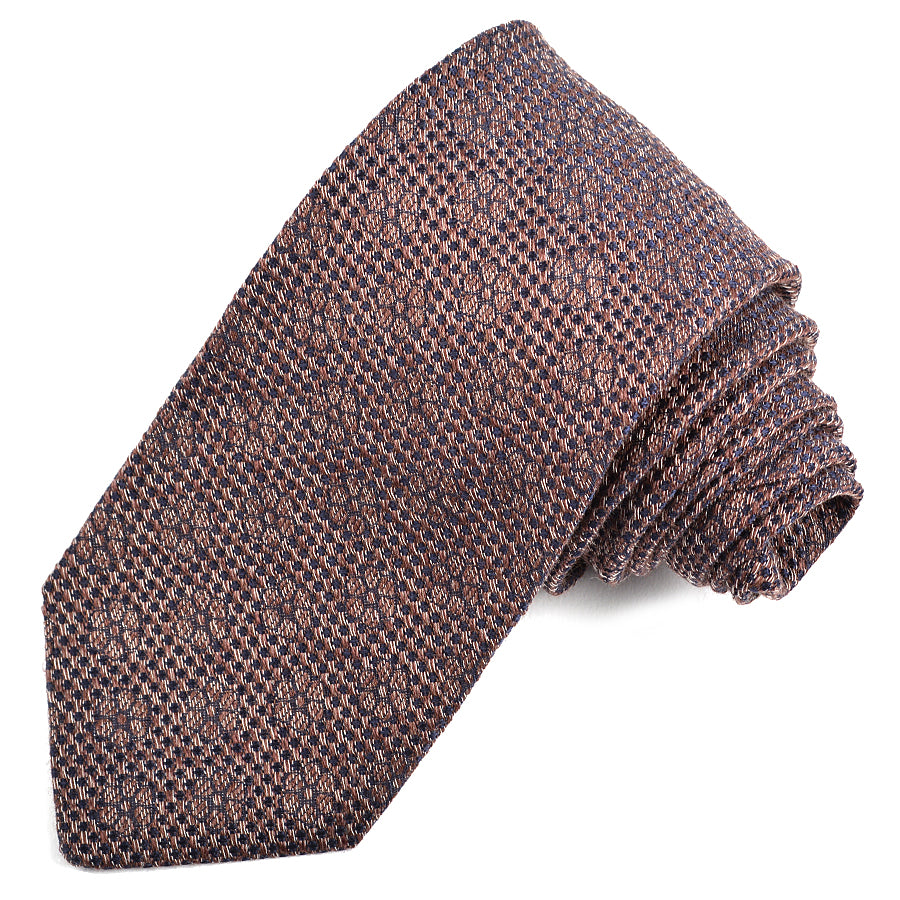 Brown and Navy Floral Neat Silk, Linen, and Cotton Jacquard Tie by Dion Neckwear