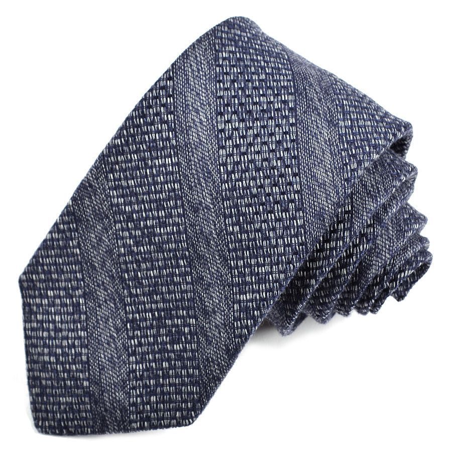 Grey and Navy Tonal Textured Stripe Silk, Linen, and Cotton Tie by Dion Neckwear