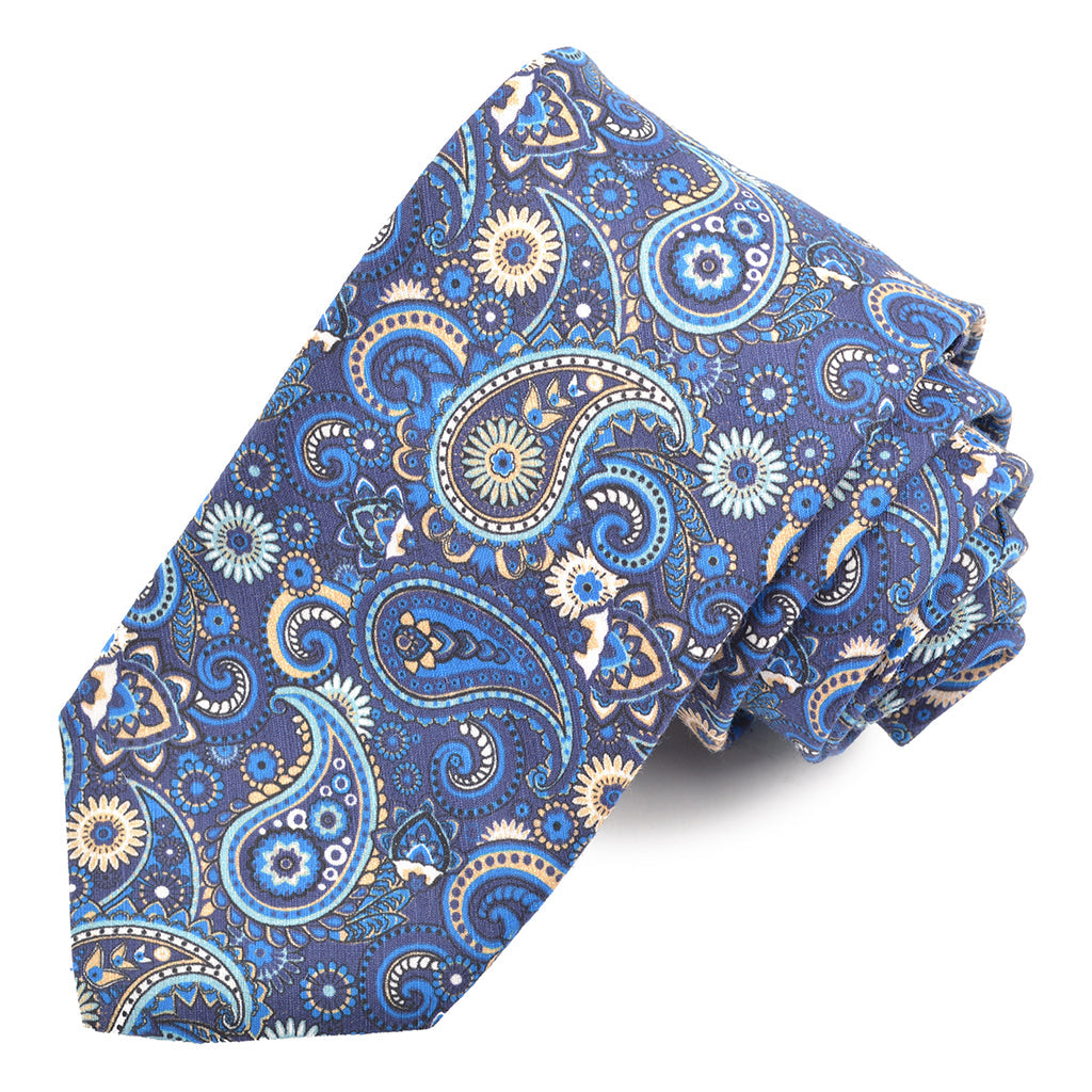 Royal, Tan, and Latte Steampunk Floral Teardrop Printed Cotton and Silk Shantung Tie by Dion Neckwear