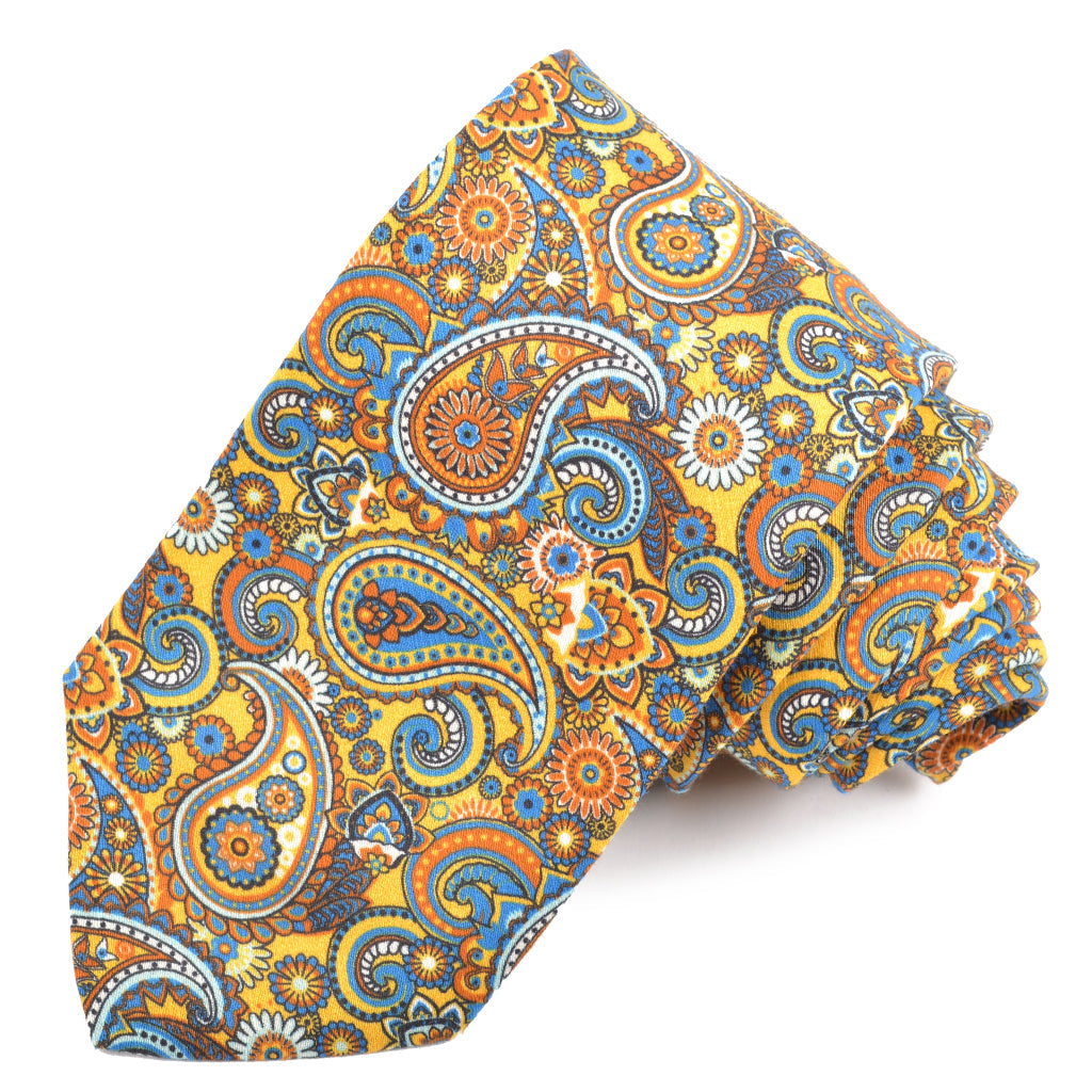 Yellow, Cognac, and Sky Steampunk Floral Teardrop Printed Cotton and Silk Shantung Tie by Dion Neckwear