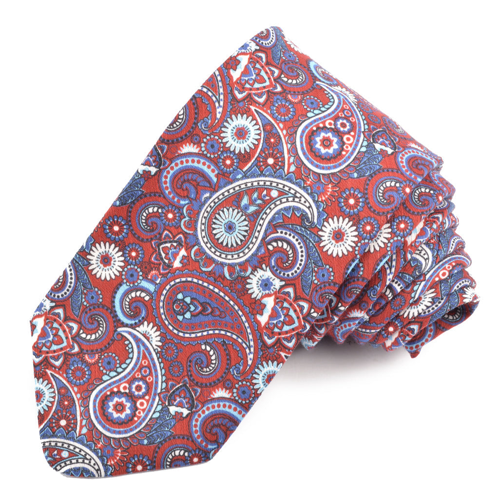 Wine, Denim, and Ice Blue Steampunk Floral Teardrop Printed Cotton and Silk Shantung Tie by Dion Neckwear
