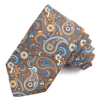 Mocha, Sand, and French Blue Steampunk Floral Teardrop Printed Cotton and Silk Shantung Tie by Dion Neckwear