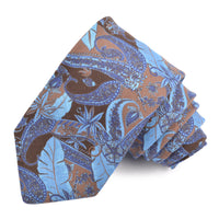 Mocha, Tan, and Blue Paisley Jungle Printed Cotton and Silk Shantung Tie by Dion Neckwear