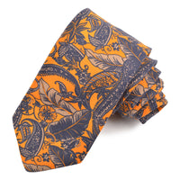 Orange, Navy, and Sand Paisley Jungle Printed Cotton and Silk Shantung Tie by Dion Neckwear