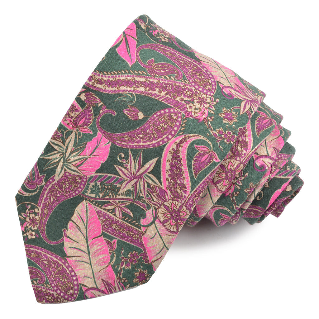 Army Green, Berry, and Stone Paisley Jungle Printed Cotton and Silk Shantung Tie by Dion Neckwear