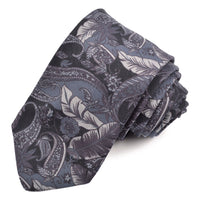 Black, Onyx, and Grey Paisley Jungle Printed Cotton and Silk Shantung Tie by Dion Neckwear